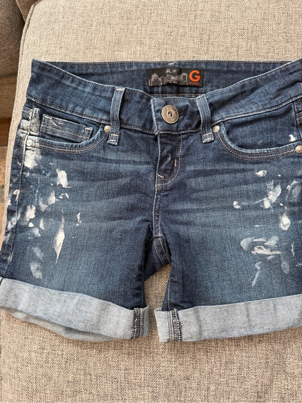 G by Guess Blue Denim Jean Cuffed Shorts with City Skyline Orange Logo size 25